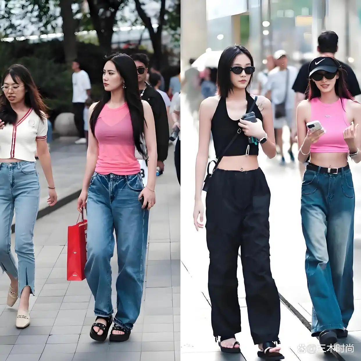截短款上衣街拍趋势_短袖搭配阔腿裤_上海时尚女孩穿搭