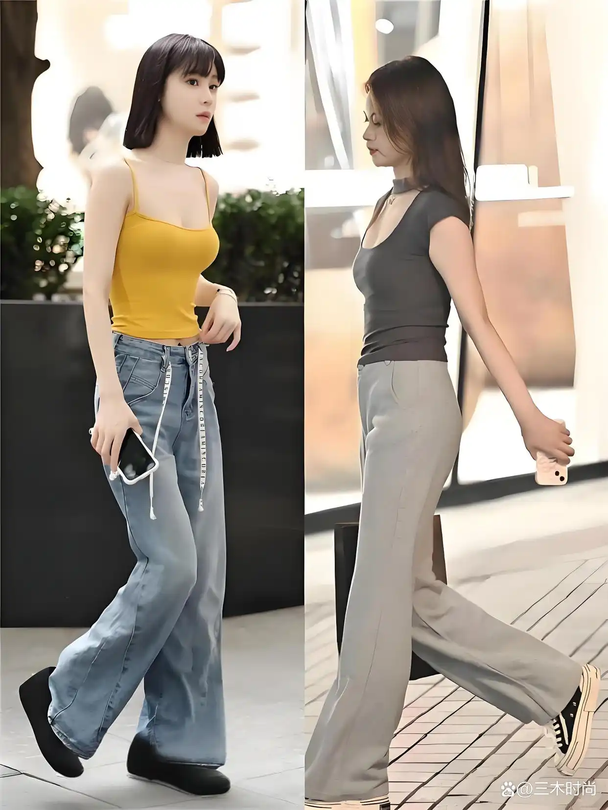 截短款上衣街拍趋势_上海时尚女孩穿搭_短袖搭配阔腿裤